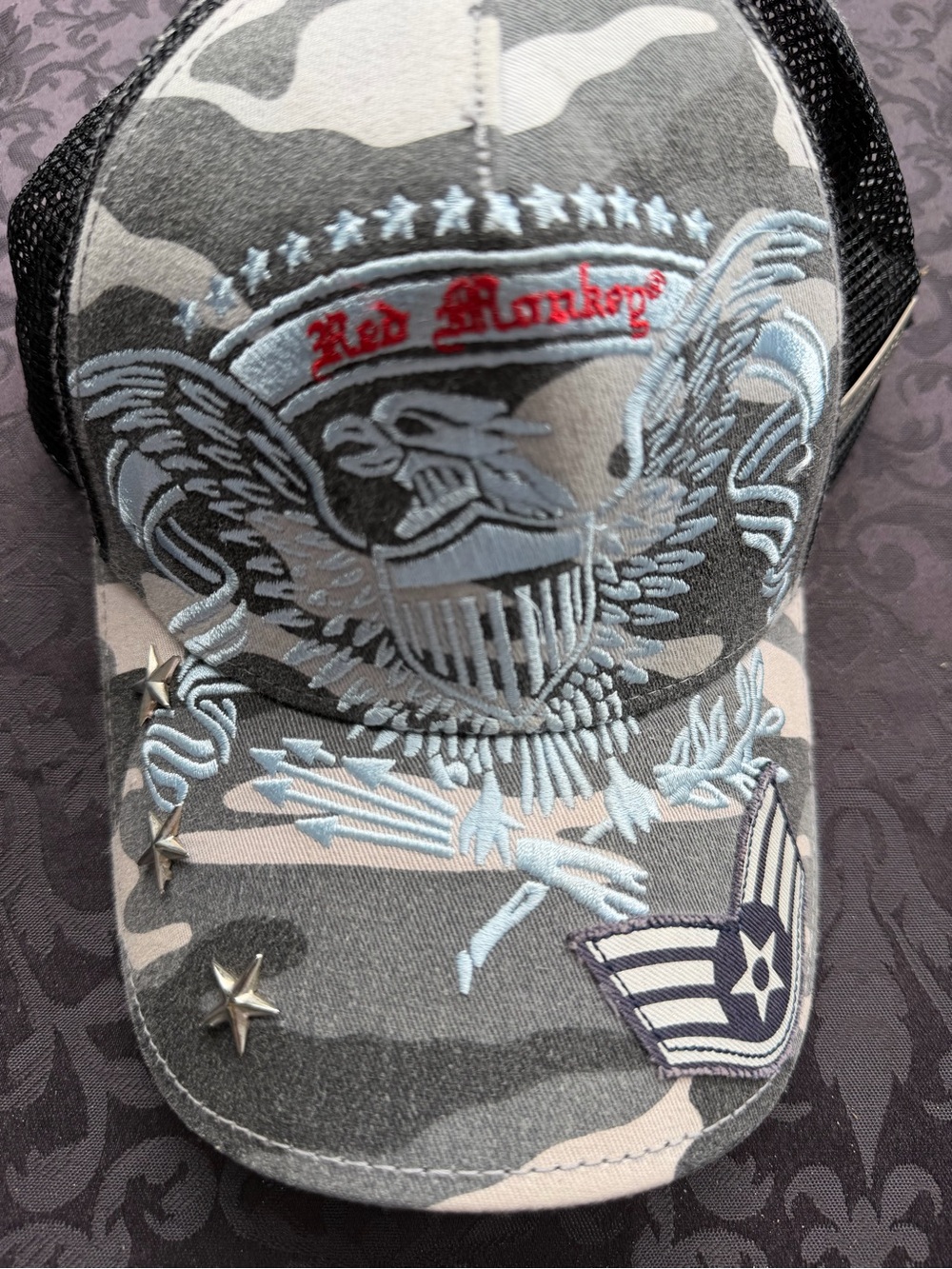 Vintage Red Monkey Los Angeles Camo Eagle Embroidered Trucker Hat Snapback Y2K